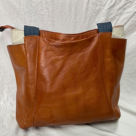 Velez Tan, Blue, and Cream Leather Tote or Shoulder Bag - Picture 2 of 12